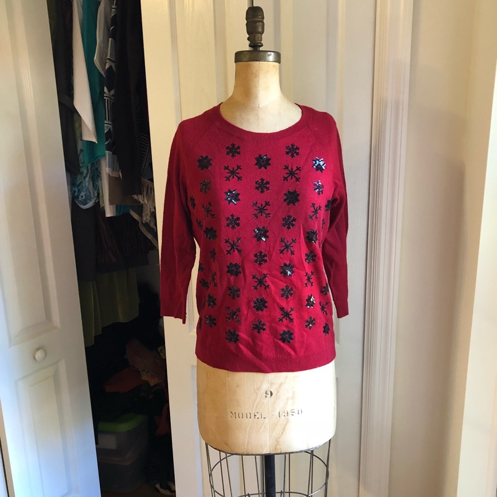 Talbots Red Sparkly Snowflake Sweater - image 1